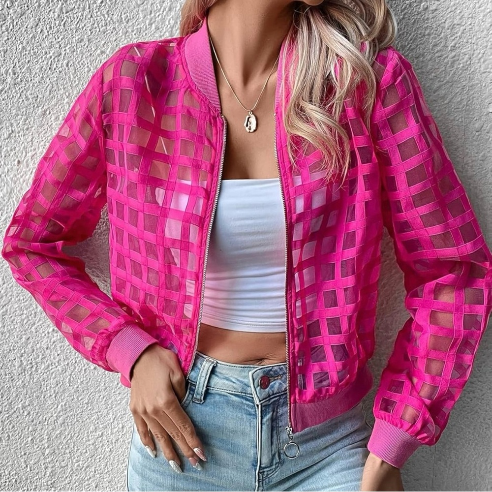Women's XL hot pink Bomber Jacket Hollow Out Long Sleeve y2k streetwear vivid